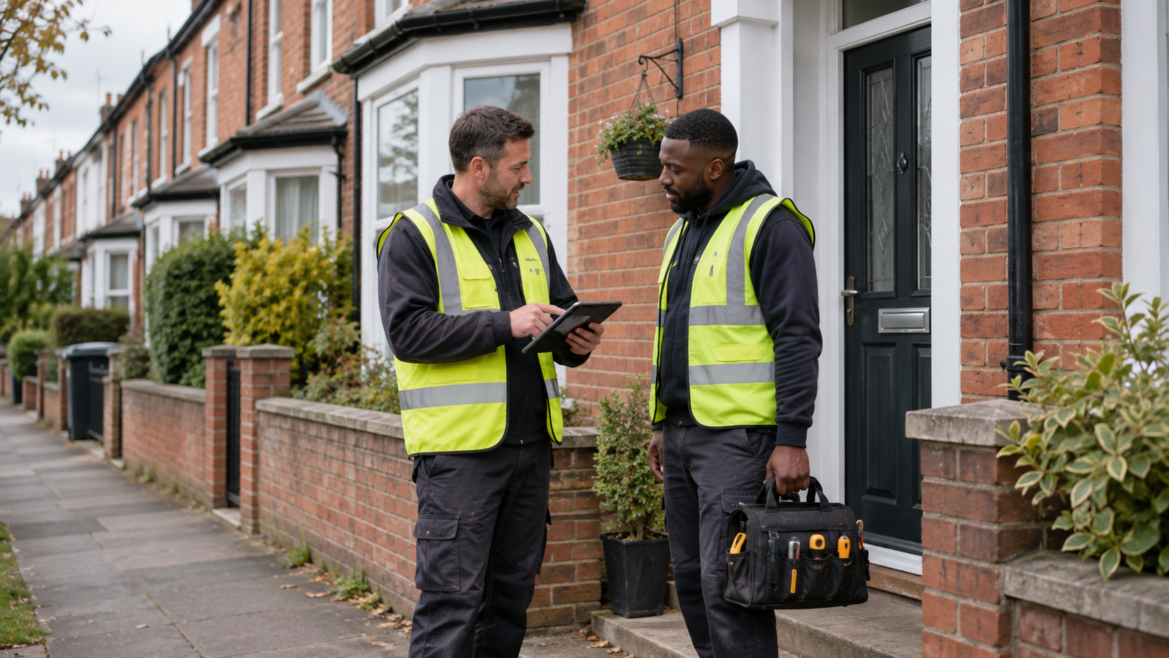 Illustrative scene of housing maintenance workers outside a brick home